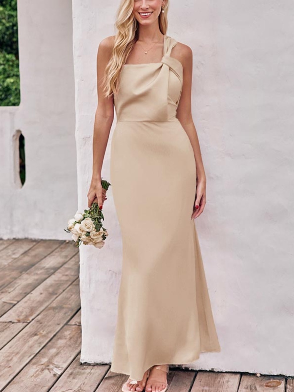 Stacees Column One-Shoulder Sleeveless Ankle-Length Satin Bridesmaid Dress